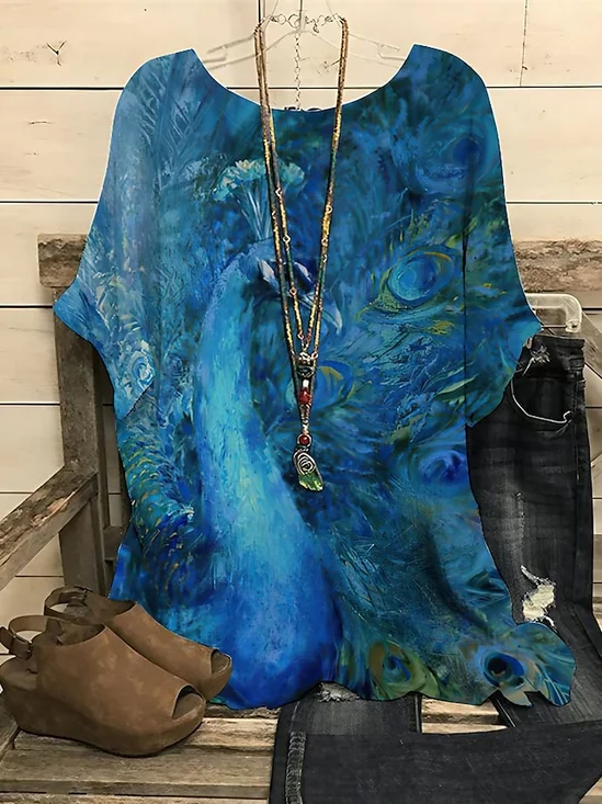 T-shirts Rétro Printemps / Automne Bleu Paon Manche Dolman Micro-élasticité Quotidien Manches trois quarts Régulier Droit pour Femmes