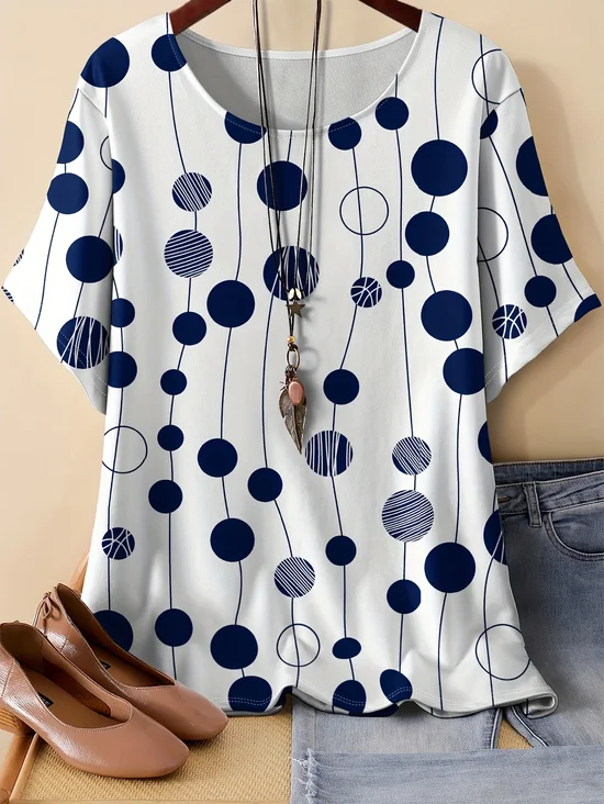 T-shirts Femmes Pois Polka Simple Printemps / Automne en Lin Manche Dolman Micro-élasticité Ample Manches trois quarts Col Rond