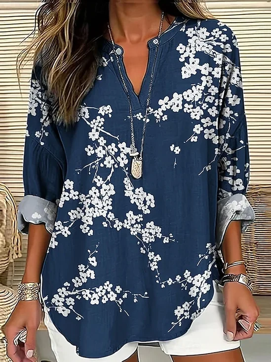 Blouses Femmes Simple Floral Été Aucune élasticité Ample Demi Manche Col Châle Droit Régulier