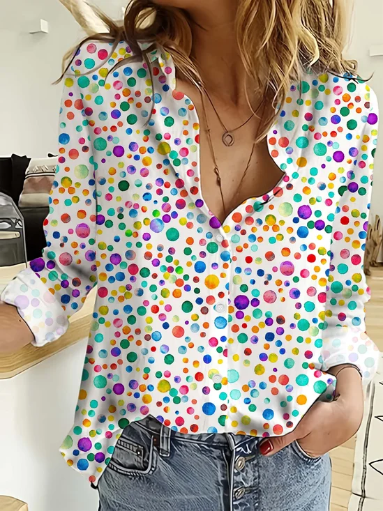Chemises Pois Polka Décontracté Printemps / Automne Coton Micro-élasticité Régulier Trapèze Régulier Col de Chemise pour Femmes
