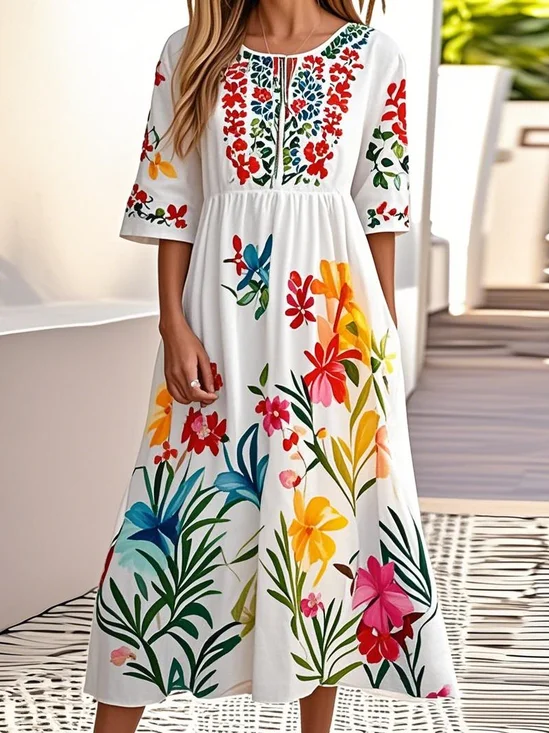Femmes Floral Blanc Col Rond Confortable Robe Maxi Décontracté