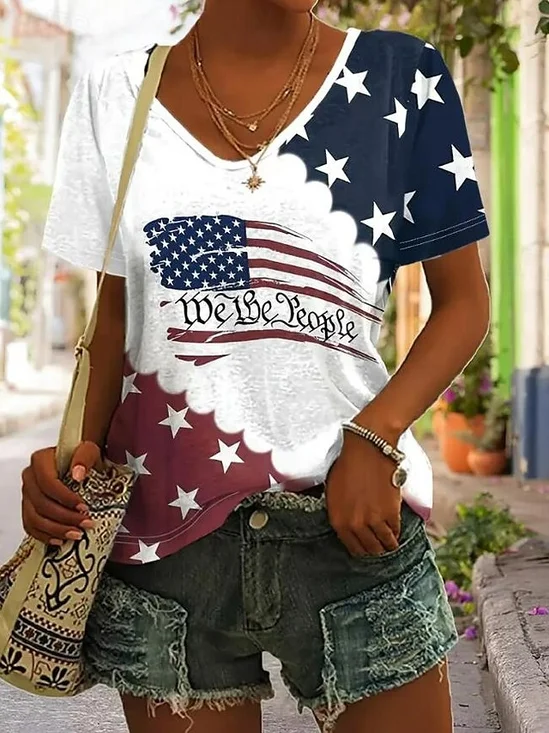 T-shirts Décontracté Été Le jour de l'indépendance (Drapeau) Polyester Micro-élasticité Quotidien Manches Courtes Trapèze Régulier pour Femmes