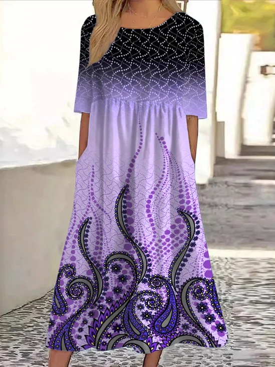 Femmes Floral Violet Col Rond Confortable Robe Maxi Décontracté