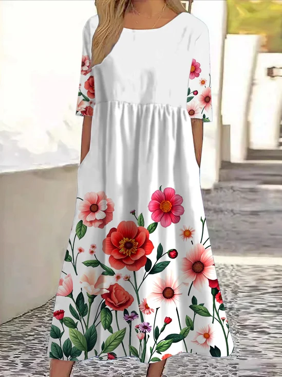 Femmes Floral Blanc Col Rond Confortable Robe Maxi Décontracté