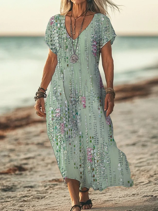 Femmes Rayé Vert Col V Confortable Imprimé Robe Maxi Décontracté