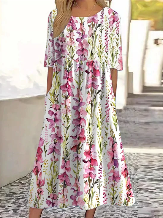 Femmes Floral Blanc Col Rond Confortable Robe Maxi Décontracté