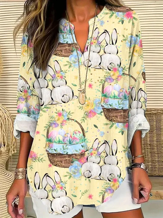 Blouses Femmes Simple Été PÂQUES (Œuf) Coton Demi Manche Col Châle Régulier Droit Régulier