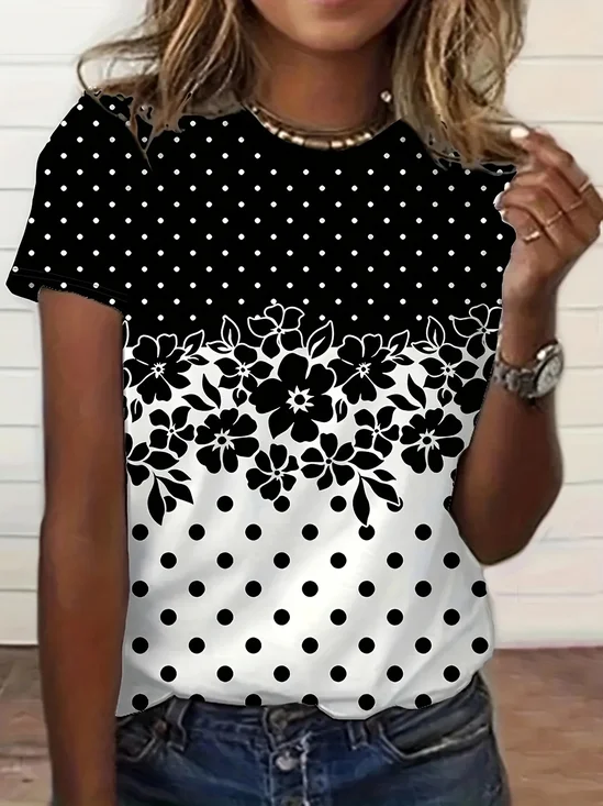 T-shirts Décontracté Floral Été Coton Micro-élasticité Quotidien Manches Courtes Régulier Régulier pour Femmes