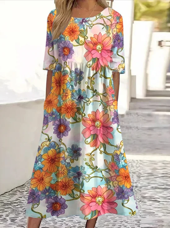 Femmes Floral Abricot Col Rond Confortable Robe Maxi Décontracté