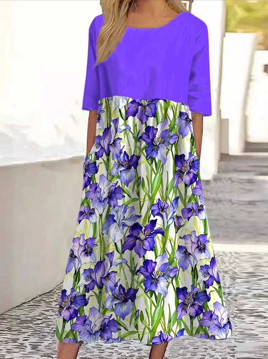 Femmes Floral Violet Col Rond Confortable Robe Maxi Décontracté