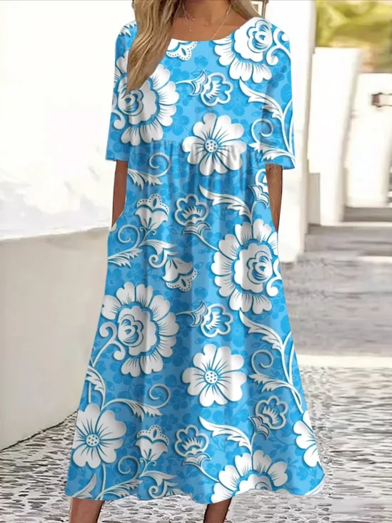 Femmes Floral Bleu Aqua Col Rond Confortable Robe Maxi Décontracté