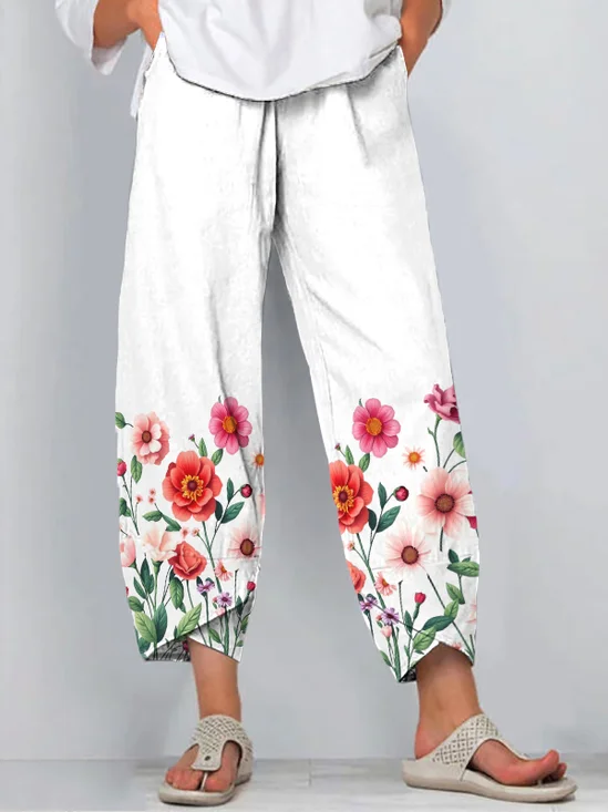 Pantalons Femmes Décontracté Floral Printemps / Automne Coton Naturel Micro-élasticité Quotidien Pantalons à Jambe Large Régulier