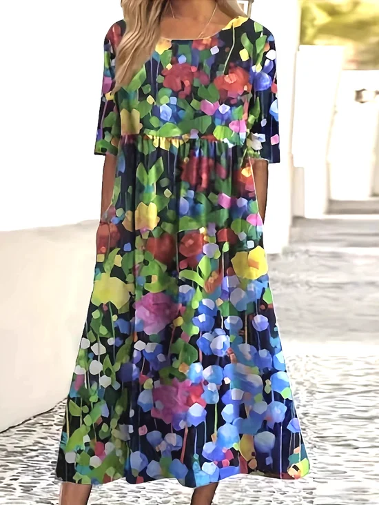 Femmes Floral Multicolore Col Rond Confortable Robe Maxi Décontracté