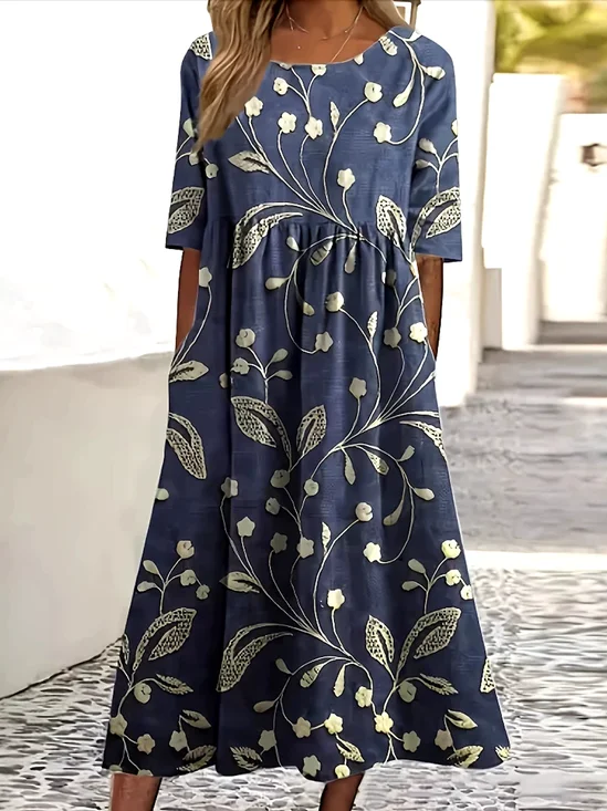 Femmes Floral Bleu Violacé Col Rond Confortable Robe Maxi Décontracté