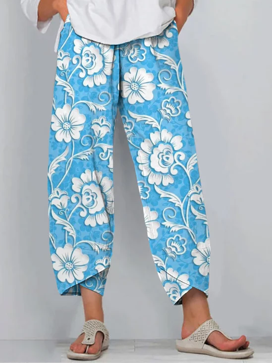 Pantalons Décontracté Floral Printemps / Automne Coton Naturel Quotidien Pantalon à la cheville Pantalons à Jambe Large Régulier pour Femmes