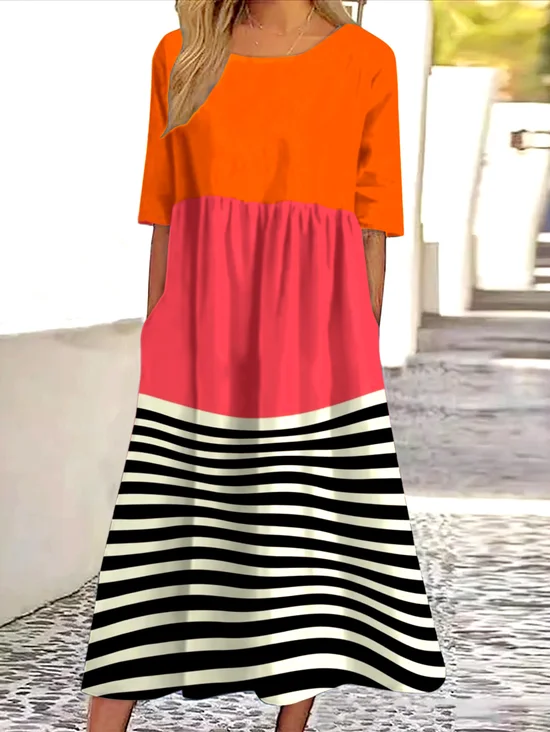 Femmes Géométrique Orange Col Rond Confortable Robe Maxi Décontracté