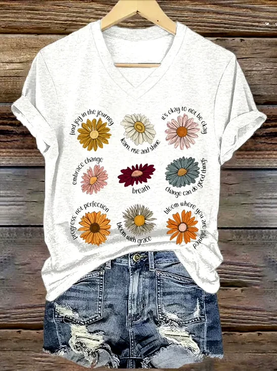 T-shirts Femmes Décontracté Floral Été Coton Micro-élasticité Quotidien Manches Courtes Trapèze Régulier