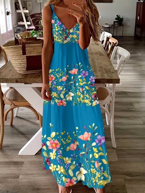 Femmes Floral Lac Bleu à Bretelles Confortable Robe Maxi Décontracté