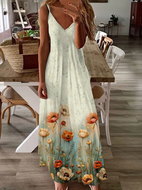 Femmes Floral Abricot à Bretelles Confortable Robe Maxi Décontracté