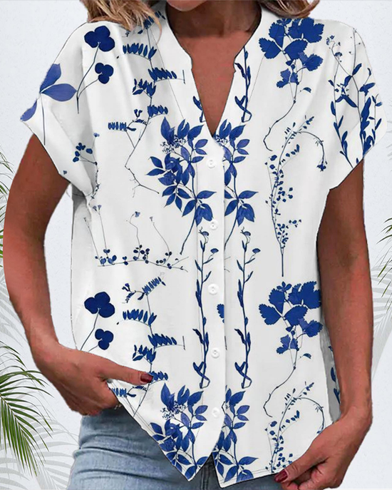Chemises Décontracté Floral Été Polyester Col V Micro-élasticité Manches Courtes Régulier Boucle pour Femmes