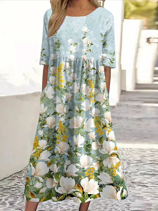 Femmes Floral Vert Clair Col Rond Confortable Robe Maxi Décontracté