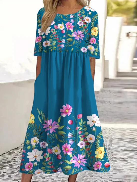 Femmes Floral Bleu Marine Col Rond Confortable Robe Maxi Décontracté