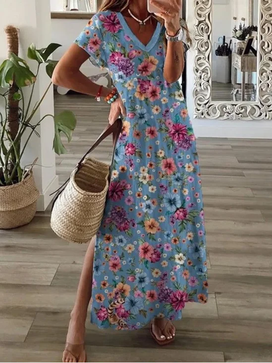 Femmes Floral Bleu Col V Confortable Imprimé Robe Maxi Décontracté