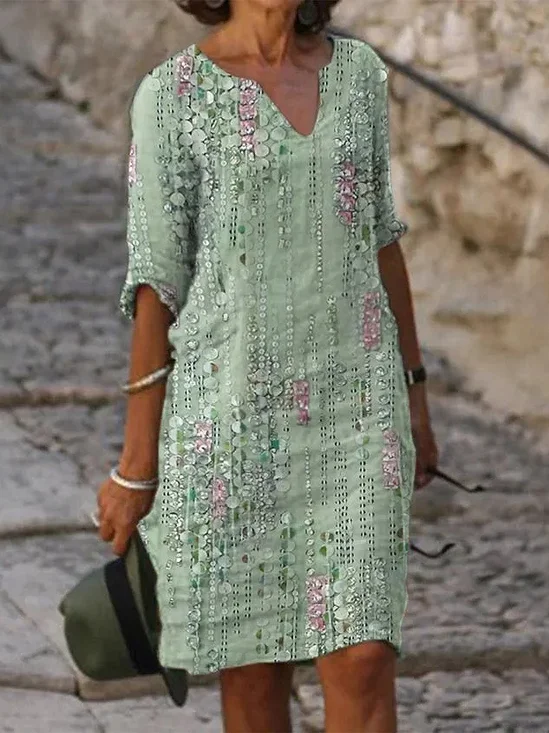 Femmes Rayé Vert Col V Confortable Imprimé Mini Robe Décontracté