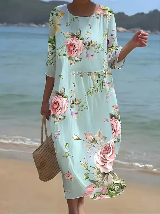 Femmes Floral Cyan Col Rond Confortable Imprimé Robe Maxi Décontracté
