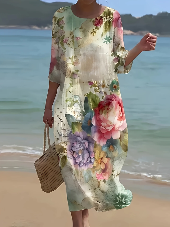 Femmes Floral Comme Image Col Rond Confortable Imprimé Robe Maxi Décontracté