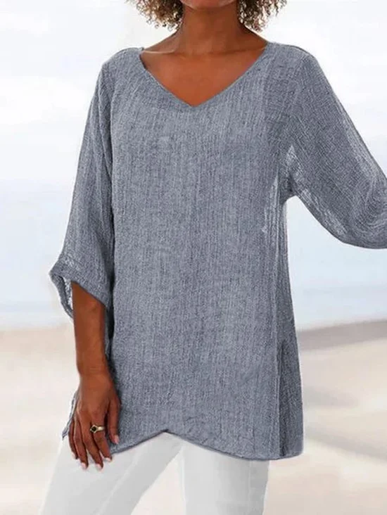 Chemises Décontracté Plain Été Polyester Col V Ample Manches Courtes Régulier Régulier pour Femmes