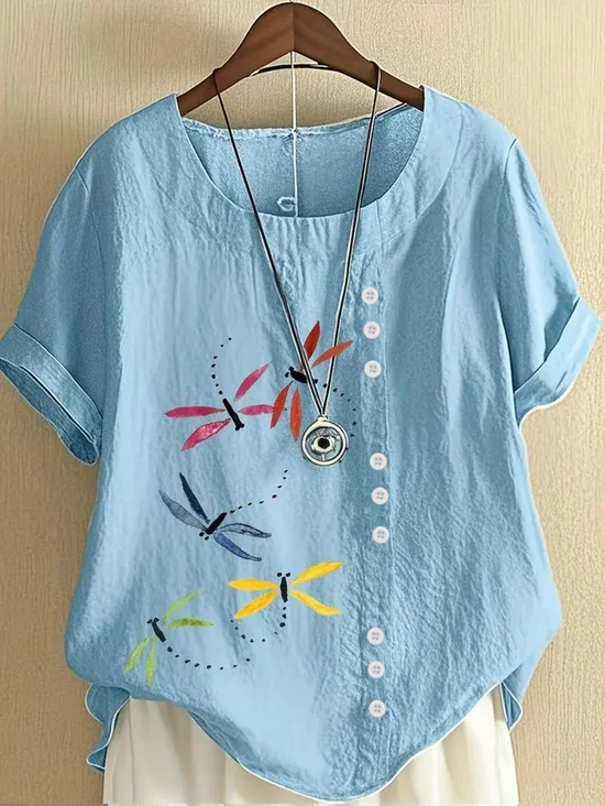 Blouses Décontracté Été Libellule Aucune élasticité Coupe Régulière Col Rond Régulier Droit Régulier pour Femmes