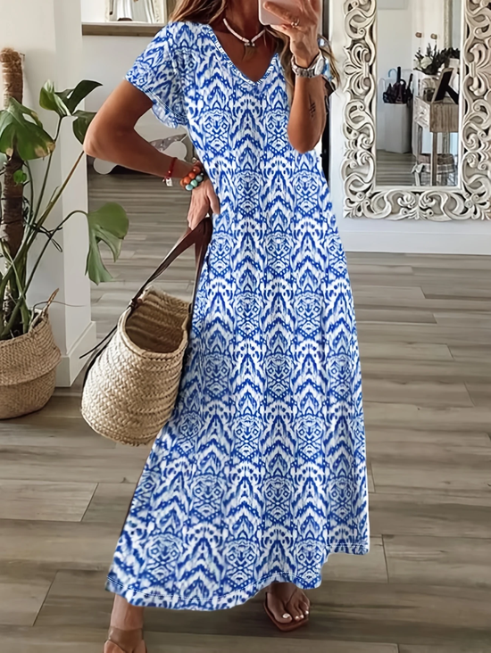Femmes Géométrique Bleu Col V Confortable Imprimé Robe Maxi Décontracté