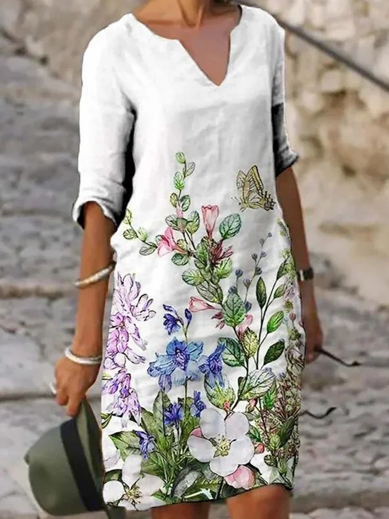 Femmes Floral Blanc Col V Confortable Imprimé Mini Robe Décontracté