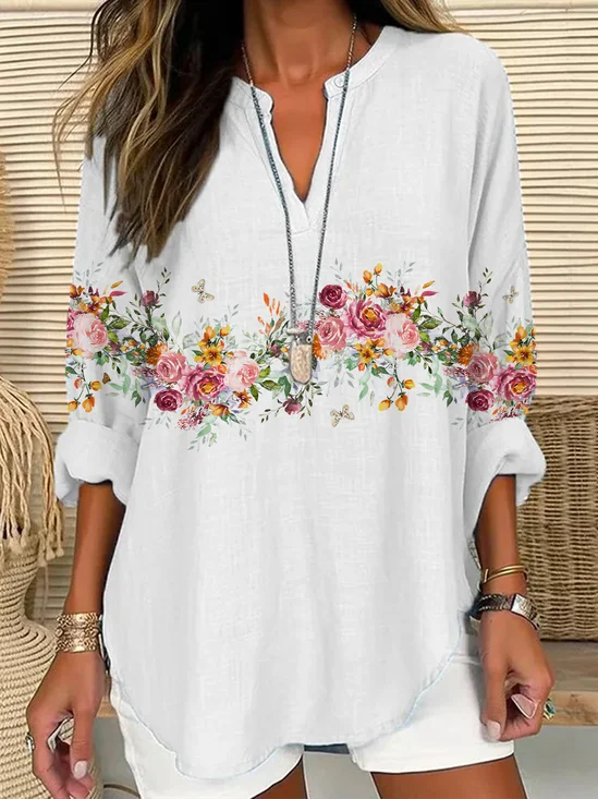 Blouses Femmes Décontracté Floral Printemps / Automne Col V Imprimé Ample Régulier Trapèze Régulier