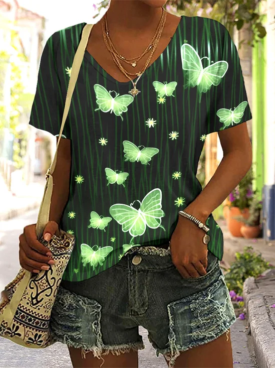 T-shirts Décontracté Floral Été Coton Col V Micro-élasticité Coupe Régulière Manches Courtes Trapèze pour Femmes
