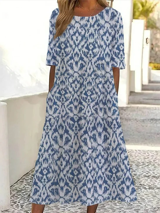 Femmes Floral Bleu Col Rond Confortable Imprimé Robe Maxi Décontracté