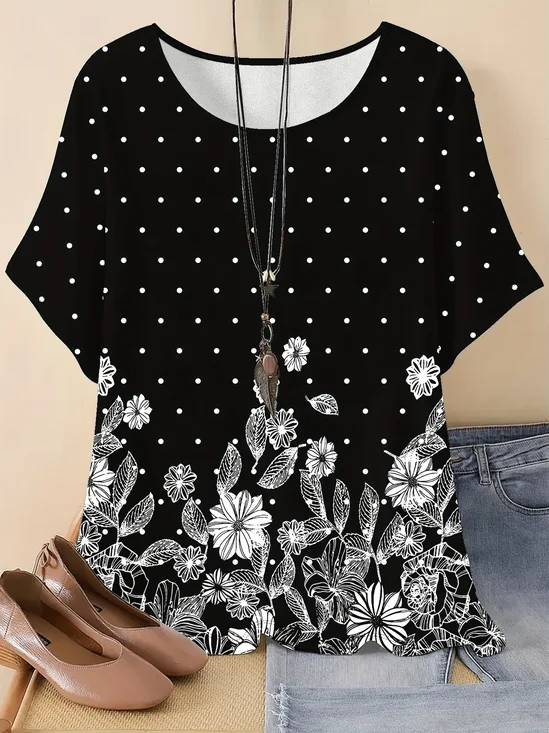 T-shirts Femmes Pois Polka Rétro Printemps / Automne en Lin Manche Dolman Ample Manches trois quarts Col Rond Régulier