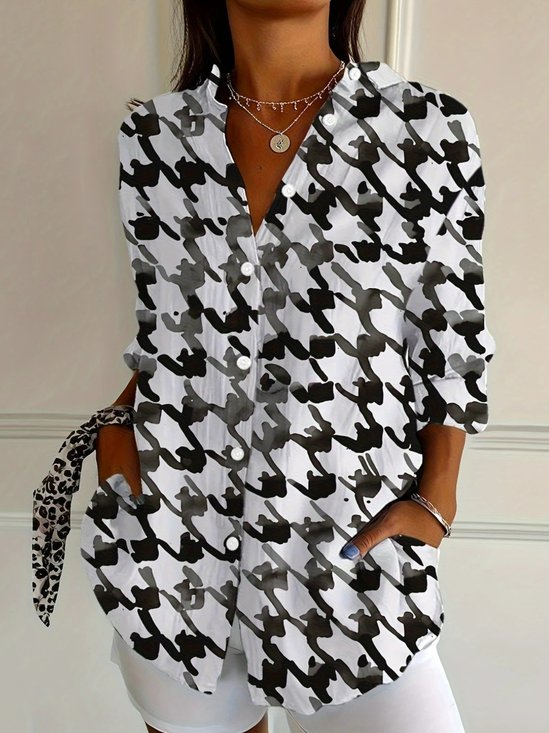 Chemises Femmes Décontracté Pied-de-poule Printemps / Automne Polyester Micro-élasticité Coupe Régulière Manches Longues Régulier Col de Chemise