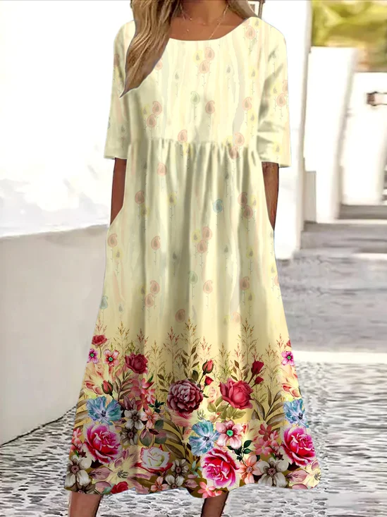 Femmes Floral Abricot Col Rond Confortable Robe Maxi Décontracté