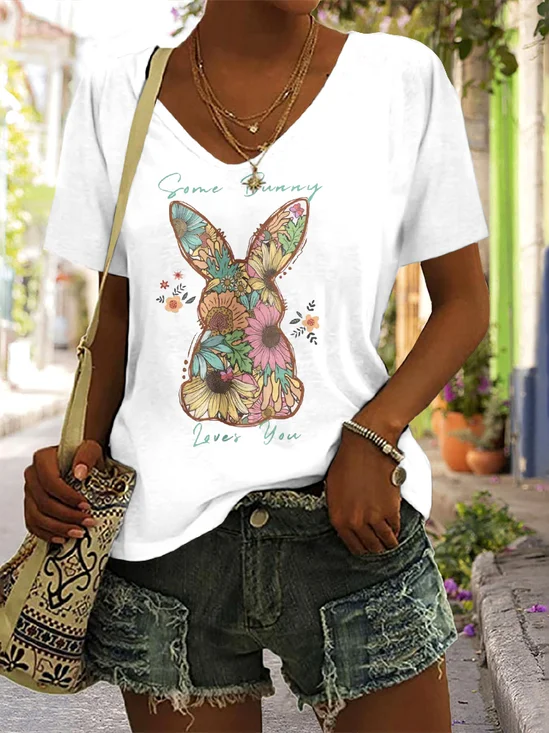 T-shirts Femmes Décontracté Floral Été Coton Col V Coupe Régulière Manches Courtes Régulier Trapèze