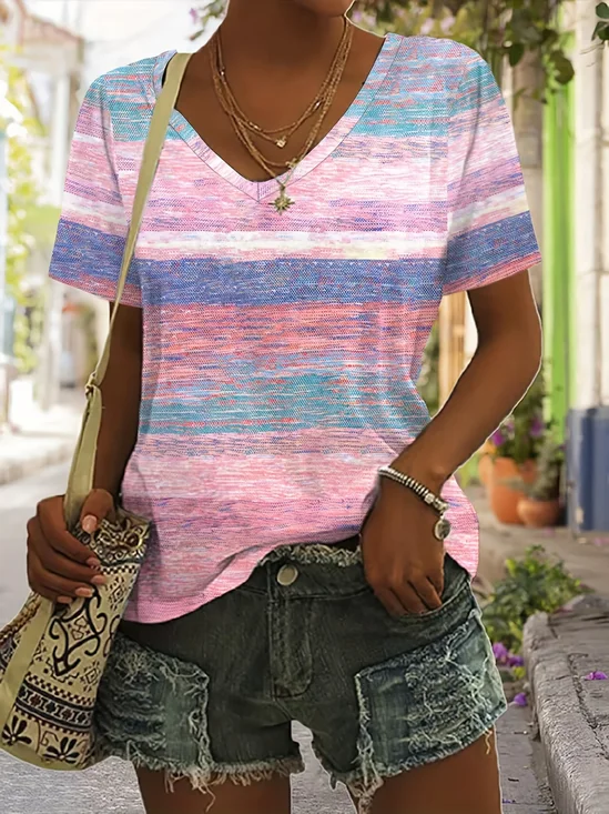 T-shirts Femmes Rayé Décontracté Été Polyester Col V Manches Courtes Régulier Trapèze Régulier