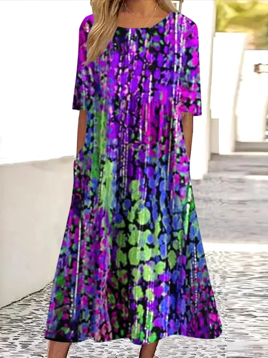 Femmes Géométrique Violet Col Rond Confortable Robe Maxi Décontracté