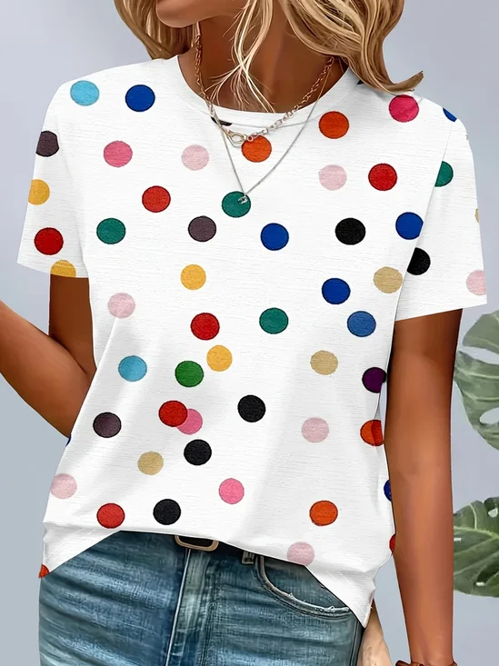 T-shirts Femmes Pois Polka Décontracté Été Micro-élasticité Coupe Régulière Manches Courtes Régulier Trapèze Régulier
