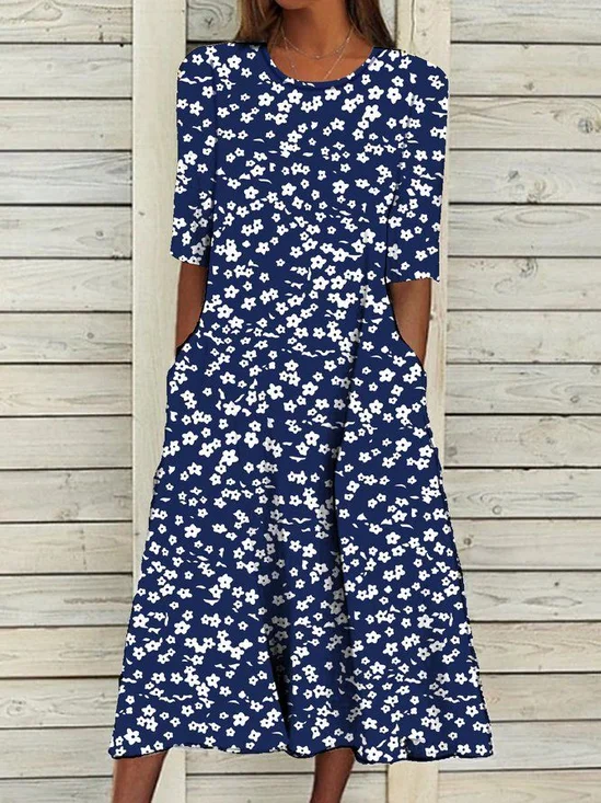 Femmes Floral Bleu Violacé Col Rond Confortable Imprimé Robe Maxi Décontracté