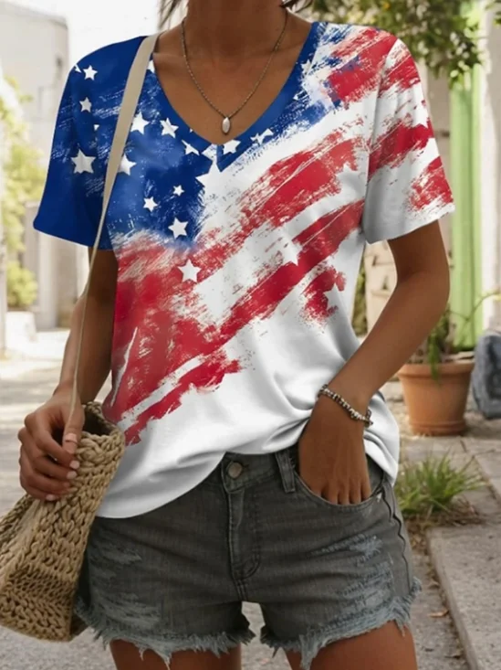 T-shirts Femmes Décontracté Été Drapeau des États-Unis Micro-élasticité Quotidien Manches Courtes Col Rond Régulier Régulier