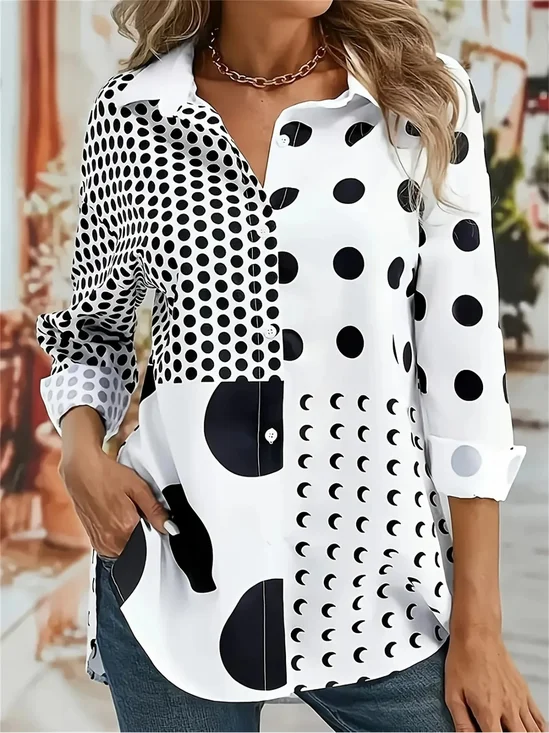 Chemises Femmes Pois Polka Décontracté Printemps / Automne Coton Micro-élasticité Coupe Régulière Régulier Trapèze Col de Chemise