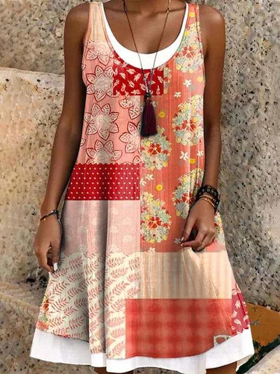 Femmes Floral Rouge Col Rond Confortable Robe Mi-Longue Décontracté