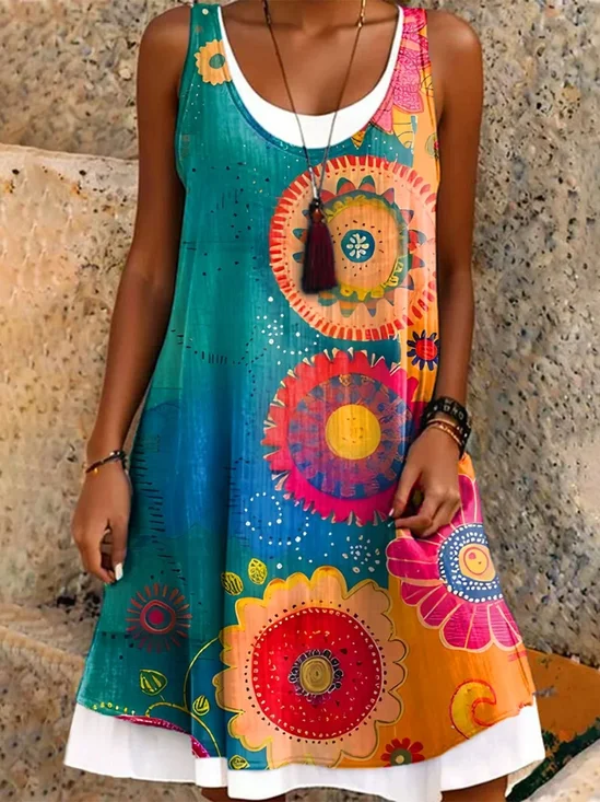 Femmes Floral Bleu Col Rond Confortable Robe Mi-Longue Décontracté