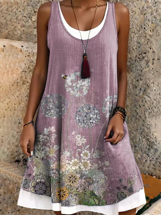 Femmes Floral Violet Col Rond Confortable Robe Mi-Longue Décontracté